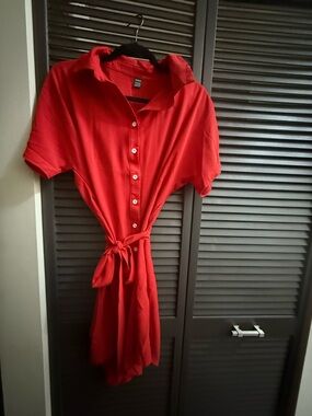 SHEIN Red Button-Front Midi Shirt Dress with Waist Tie